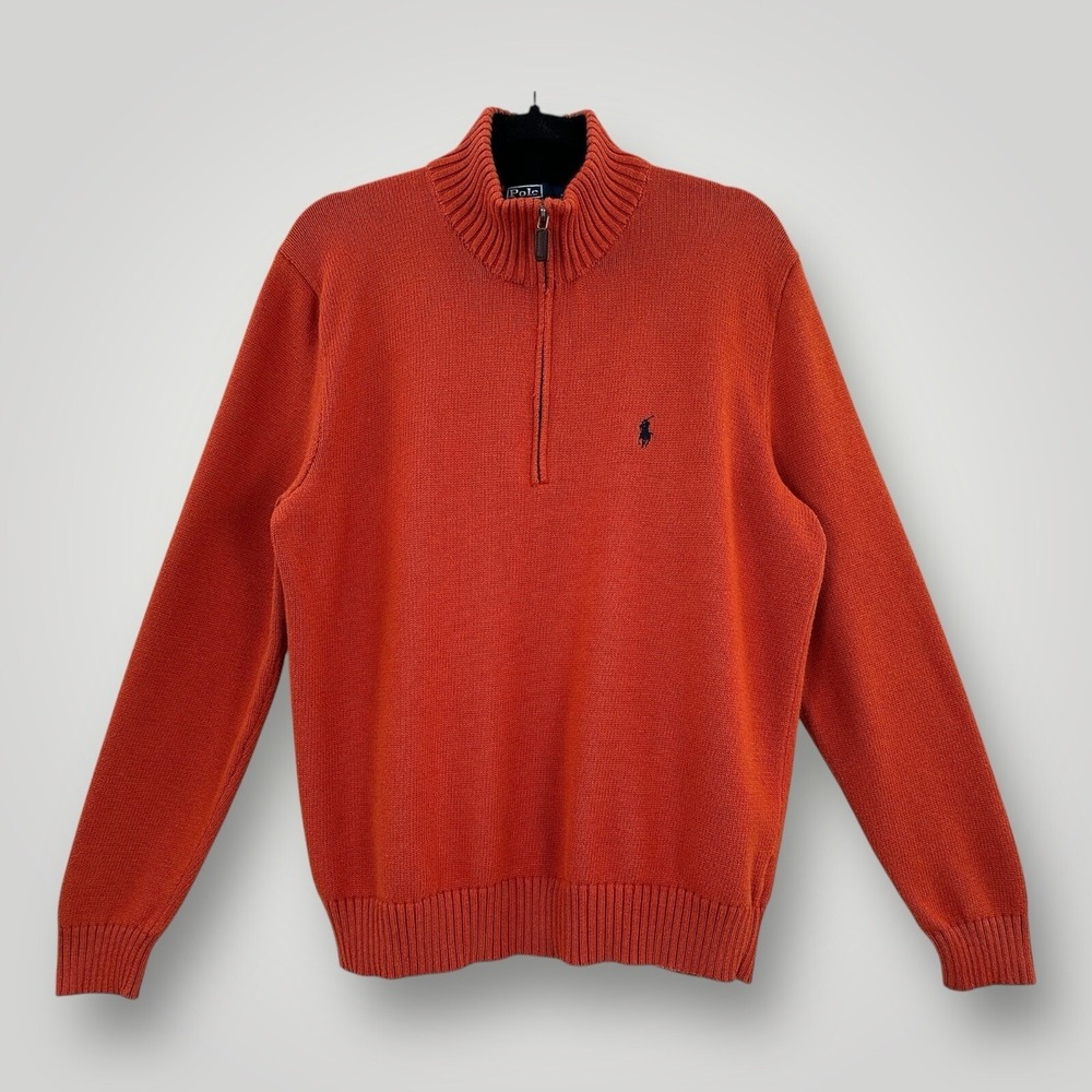 Polo Ralph Lauren Sweater Qtr Zip Mens LARGE Orange Heavy‎ Cotton Knit Long Slve